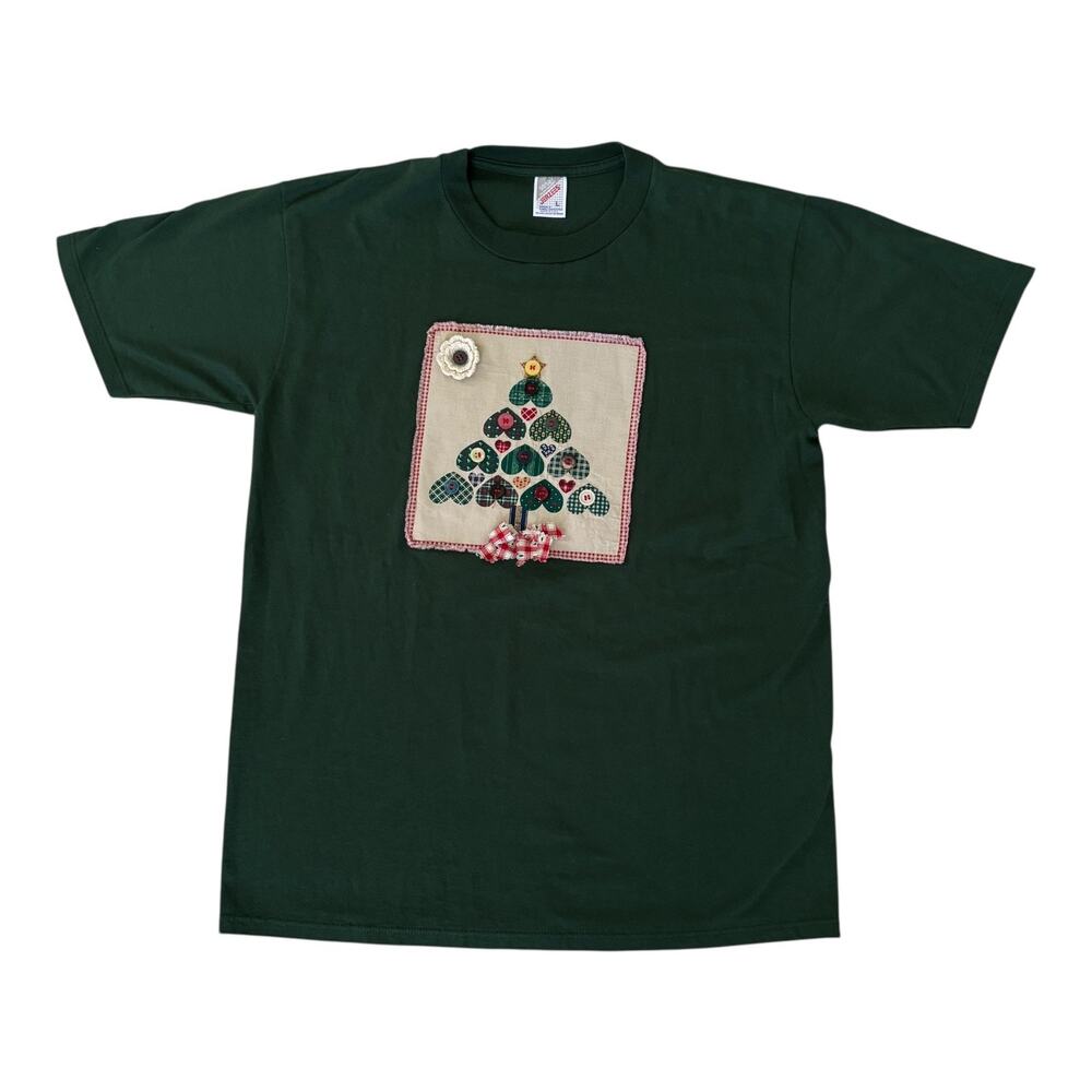 Vintage Jerzees Christmas Tree Tees L Made USA 90s Holiday Patchwork Button Tee